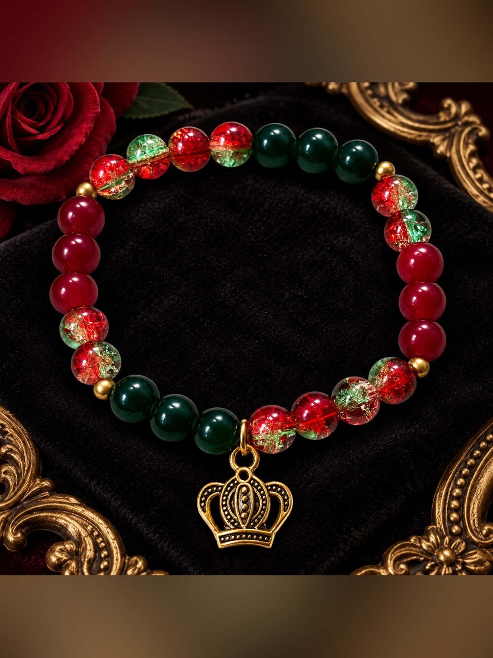 Gold crown charm/red and green glass beaded bracelet handcrafted